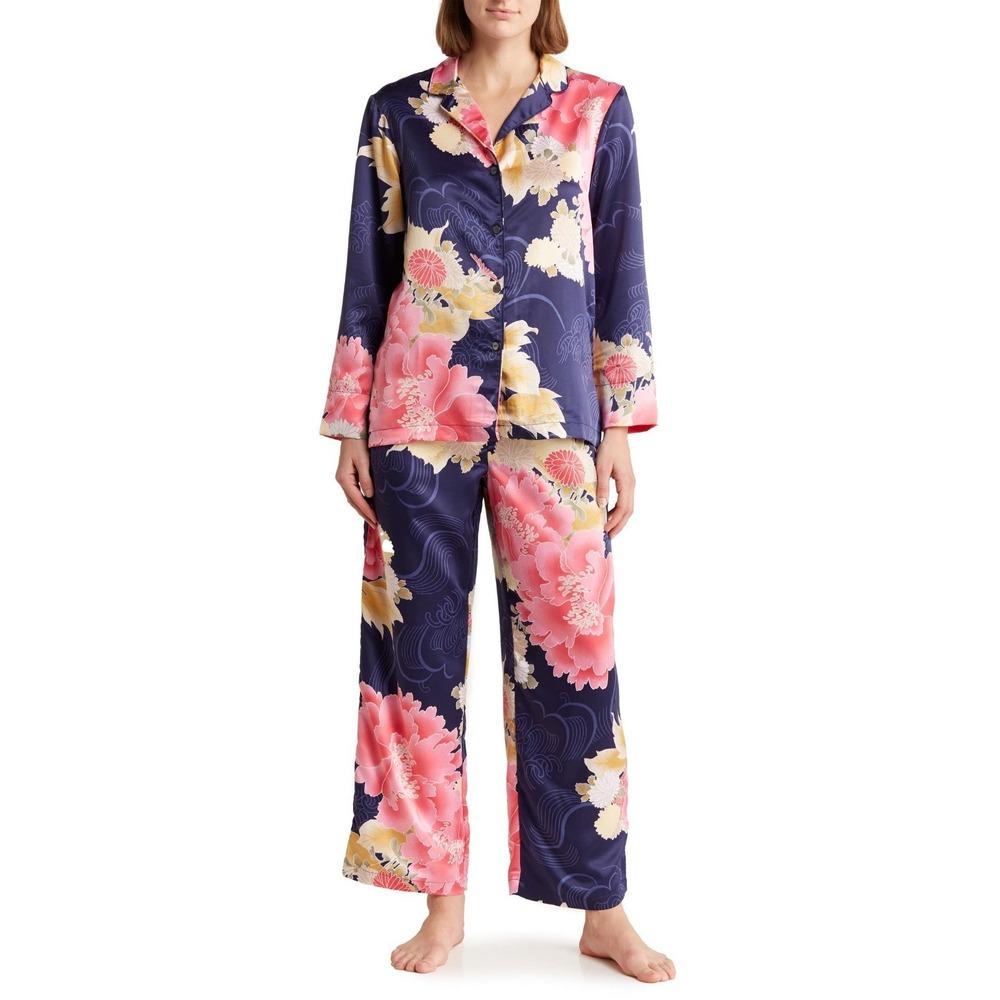 Natori Floral Satiny Long Sleeve Button-Up Top & Crop Pants Pajama Set Small